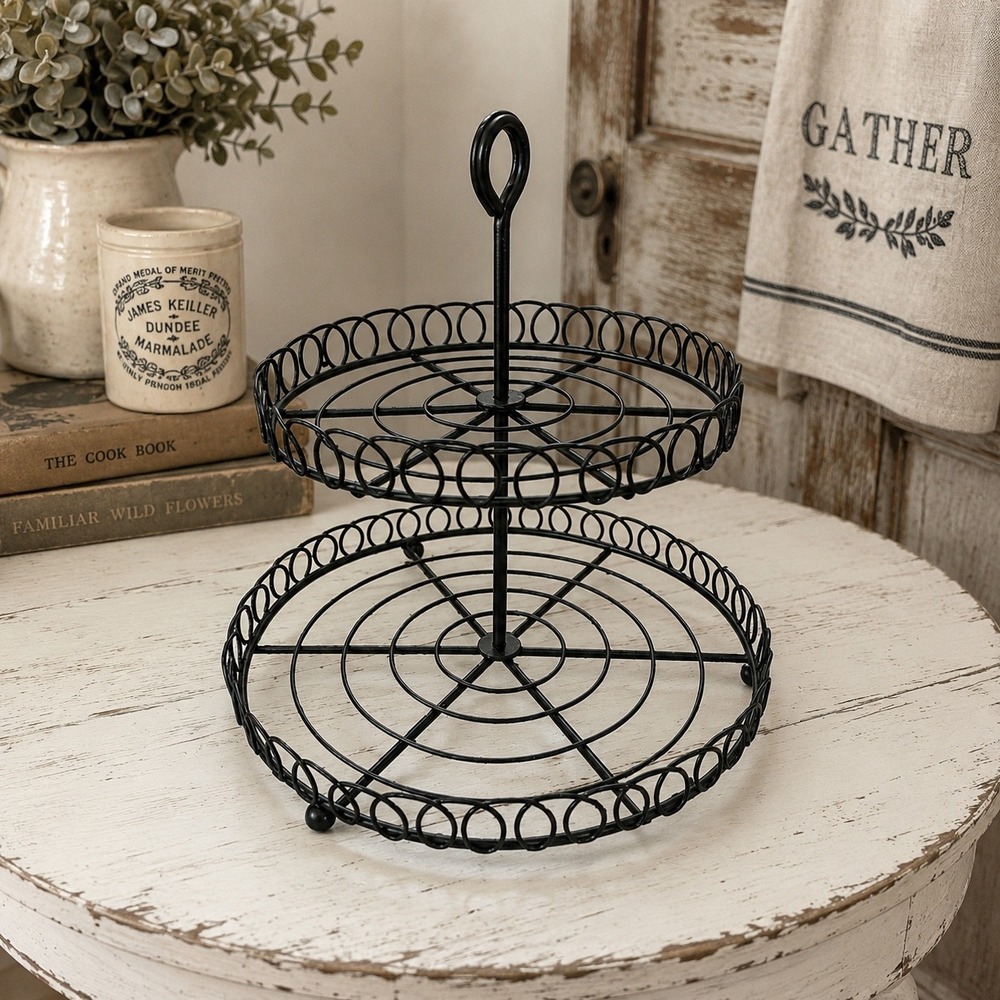 Vintage Black Wrought Iron 2 Tiered Server Wire Fruit Basket Farmhouse Decor